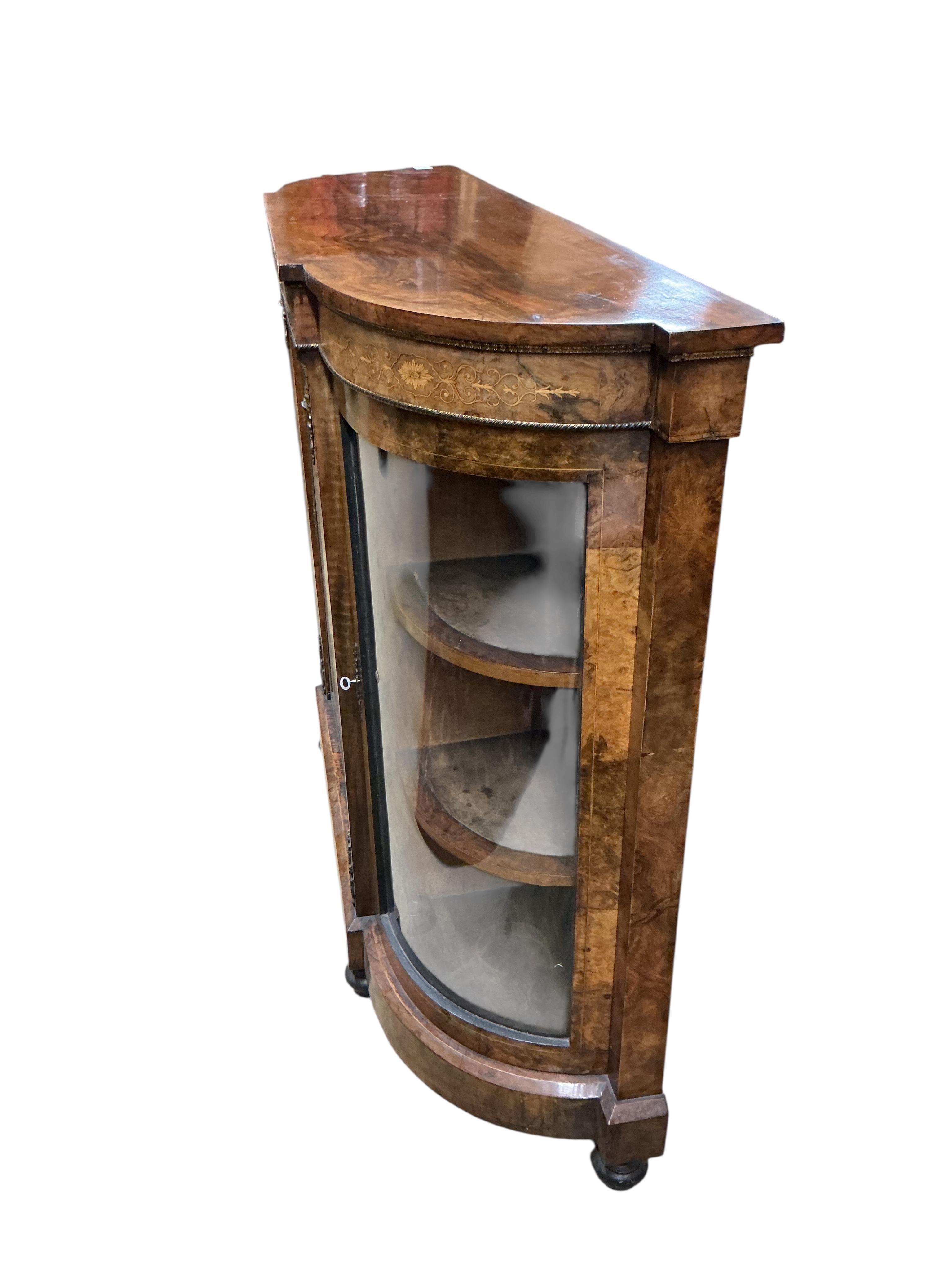 A Victorian gilt metal mounted inlaid walnut side cabinet, width 145cm, depth 37cm, height 106cm
